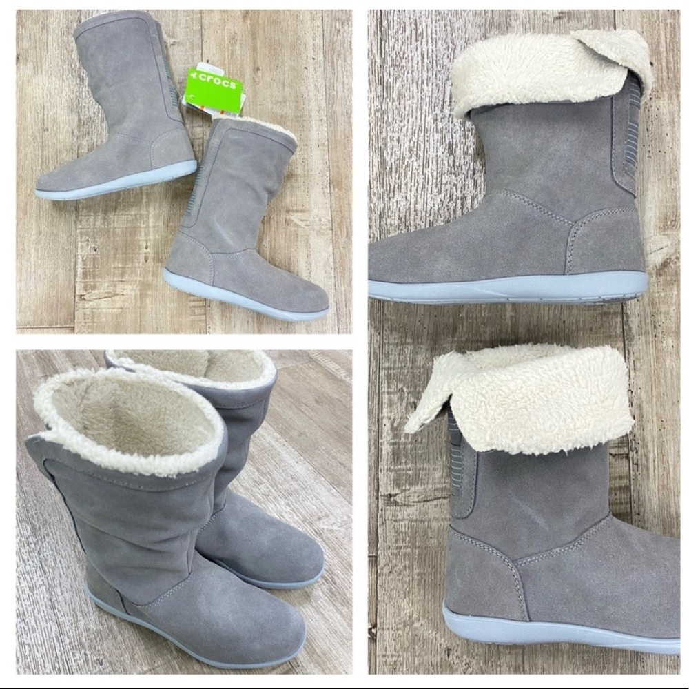 CROCS Adela fold over suede Sherpa boot gray smoke 6 NIB